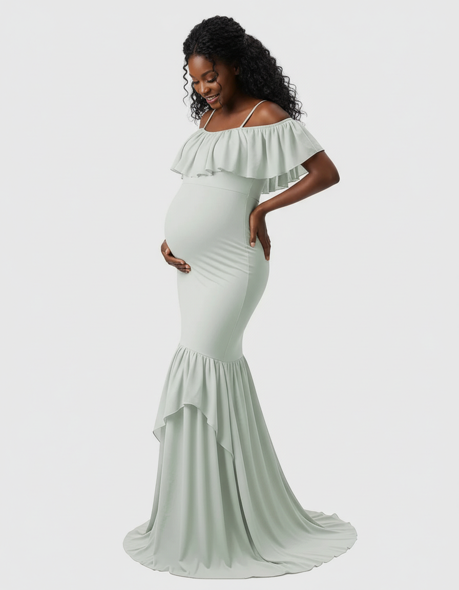 Bump Society – The Comfort Collection: Ruffled Off-Shoulder Mermaid Train Maternity Photoshoot Dress-Bump Society