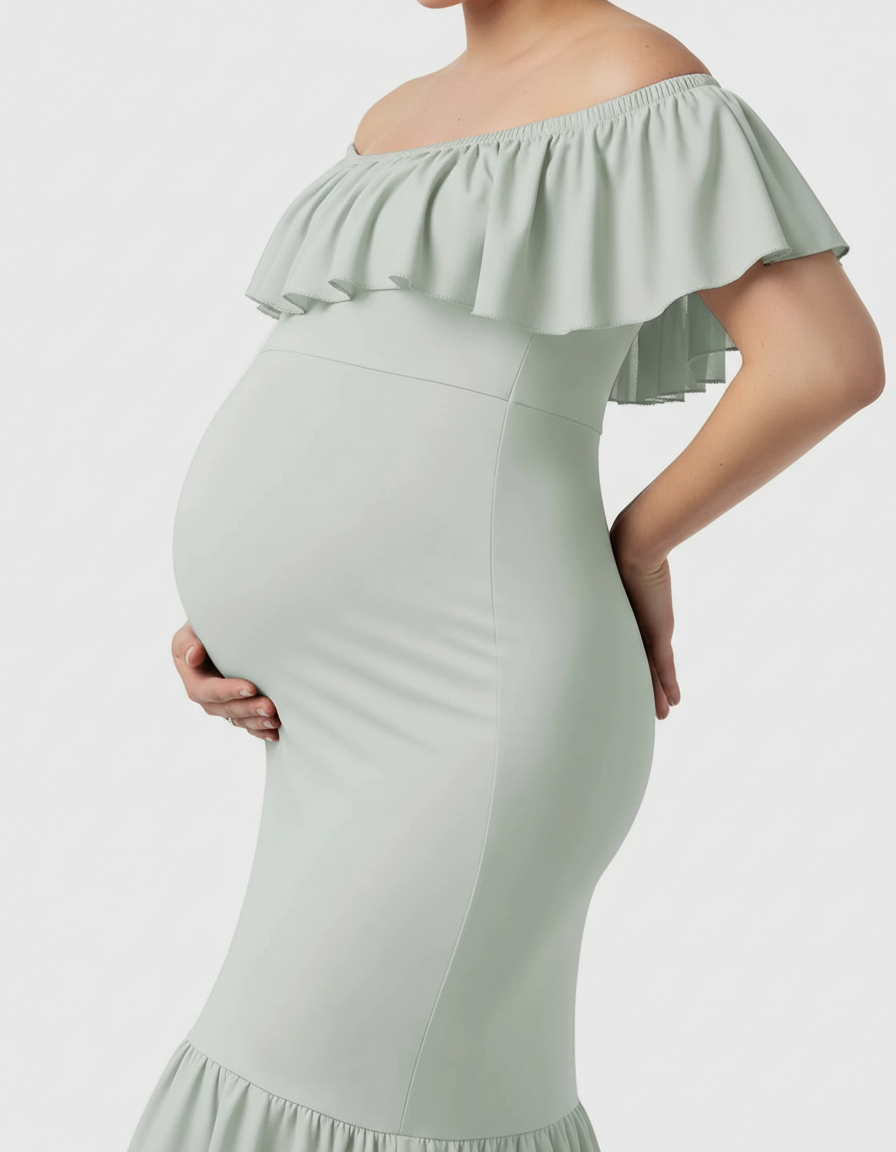 Bump Society – The Comfort Collection: Ruffled Off-Shoulder Mermaid Train Maternity Photoshoot Dress-Bump Society