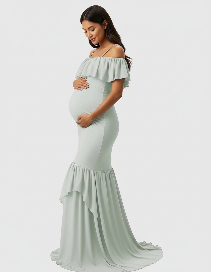 Bump Society – The Comfort Collection: Ruffled Off-Shoulder Mermaid Train Maternity Photoshoot Dress-Bump Society