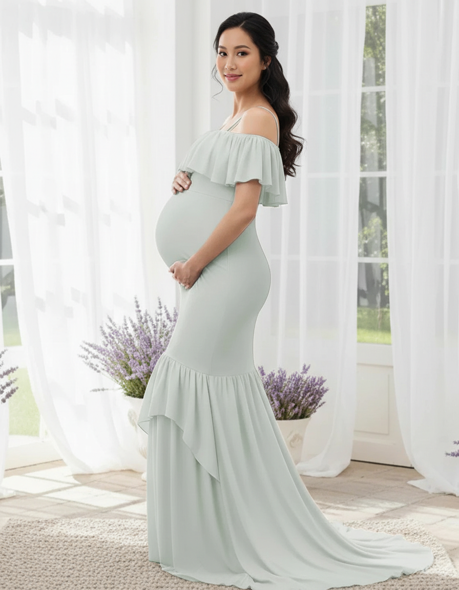 Bump Society – The Comfort Collection: Ruffled Off-Shoulder Mermaid Train Maternity Photoshoot Dress-Bump Society