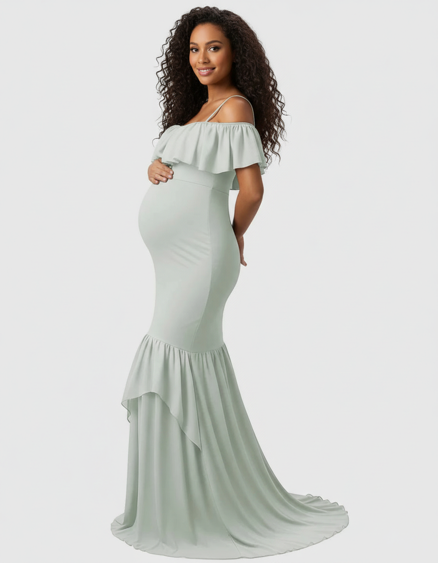 Bump Society – The Comfort Collection: Ruffled Off-Shoulder Mermaid Train Maternity Photoshoot Dress-Bump Society