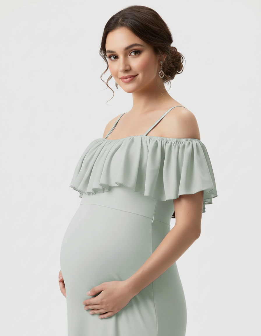 Bump Society – The Comfort Collection: Ruffled Off-Shoulder Mermaid Train Maternity Photoshoot Dress-Bump Society