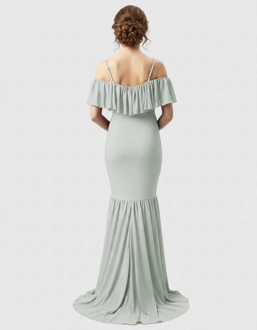 Bump Society – The Comfort Collection: Ruffled Off-Shoulder Mermaid Train Maternity Photoshoot Dress-Bump Society