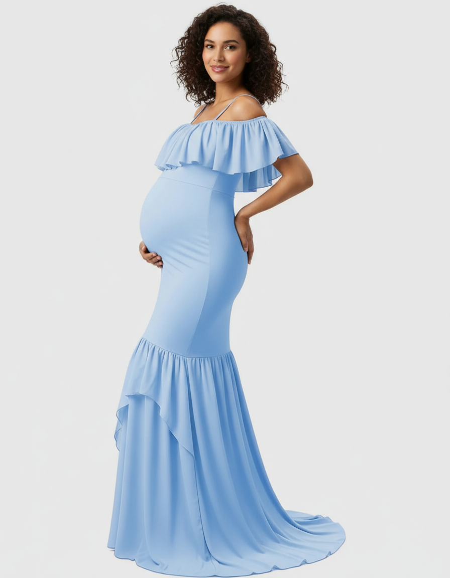 Bump Society – The Comfort Collection: Ruffled Off-Shoulder Mermaid Train Maternity Photoshoot Dress-Bump Society