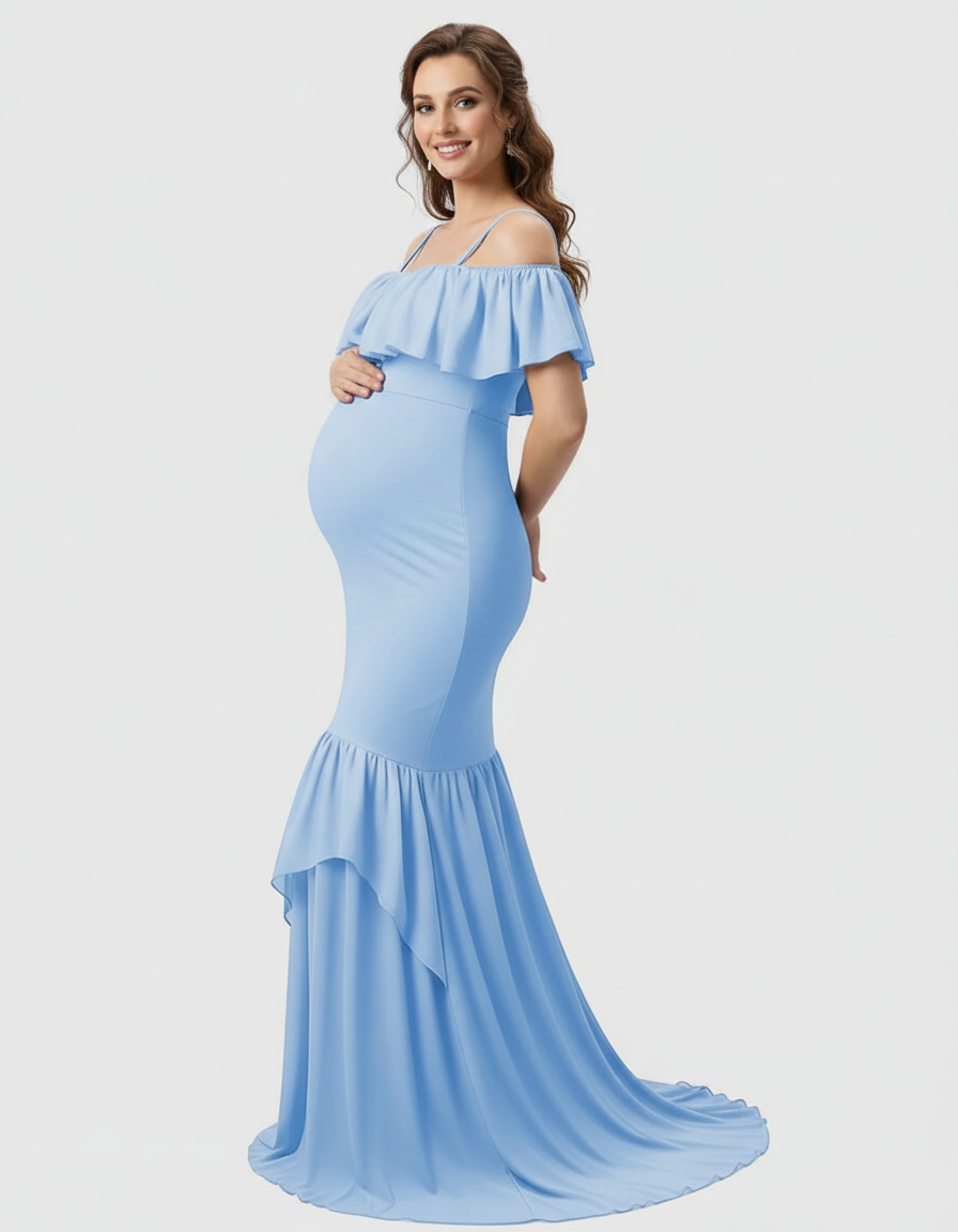 Bump Society – The Comfort Collection: Ruffled Off-Shoulder Mermaid Train Maternity Photoshoot Dress-Bump Society