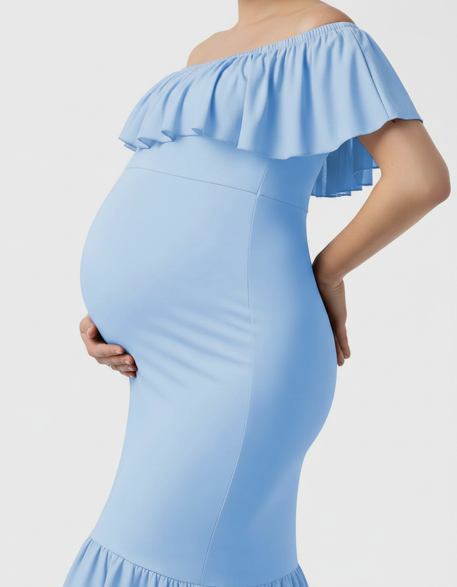 Bump Society – The Comfort Collection: Ruffled Off-Shoulder Mermaid Train Maternity Photoshoot Dress-Bump Society