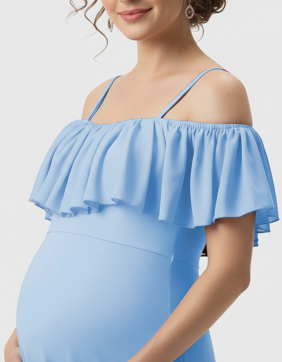 Bump Society – The Comfort Collection: Ruffled Off-Shoulder Mermaid Train Maternity Photoshoot Dress-Bump Society