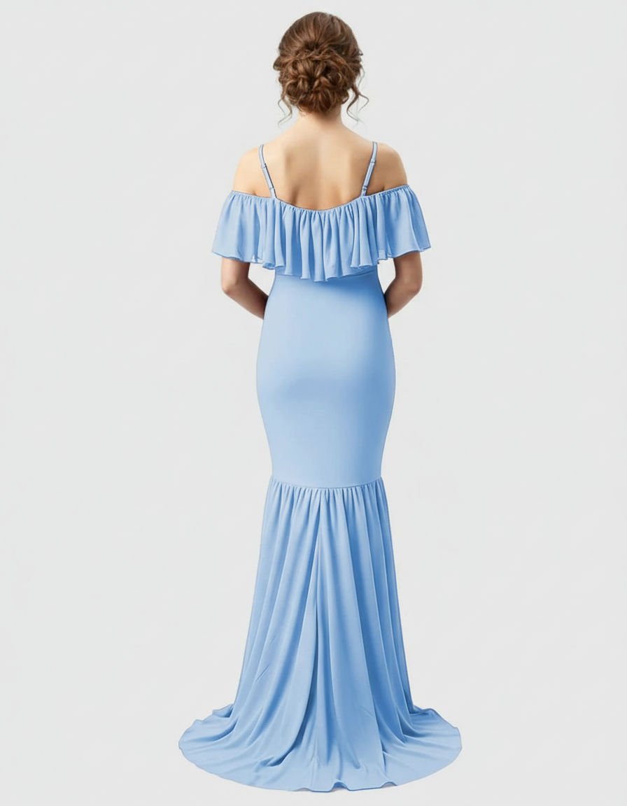 Bump Society – The Comfort Collection: Ruffled Off-Shoulder Mermaid Train Maternity Photoshoot Dress-Bump Society