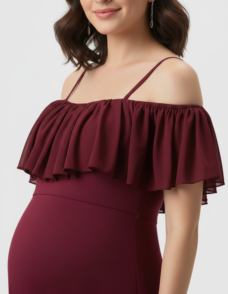 Bump Society – The Comfort Collection: Ruffled Off-Shoulder Mermaid Train Maternity Photoshoot Dress-Bump Society