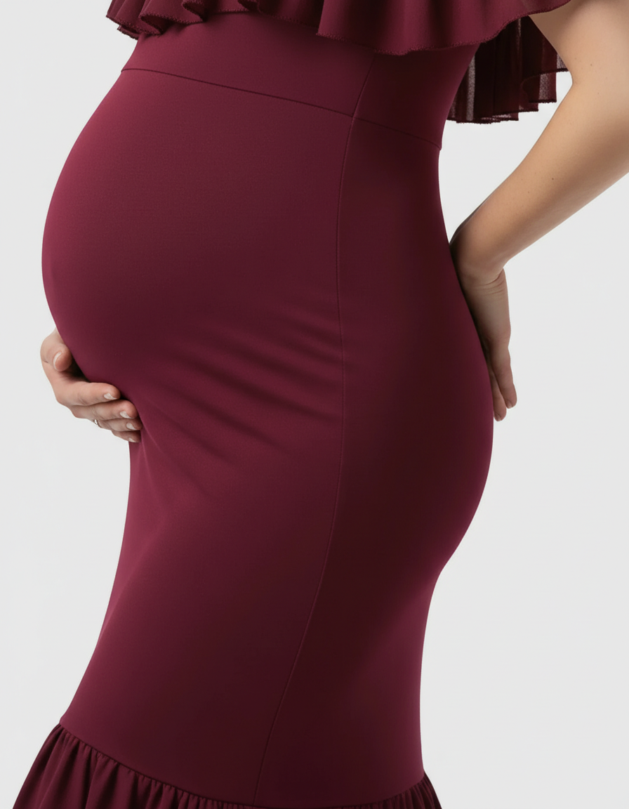 Bump Society – The Comfort Collection: Ruffled Off-Shoulder Mermaid Train Maternity Photoshoot Dress-Bump Society