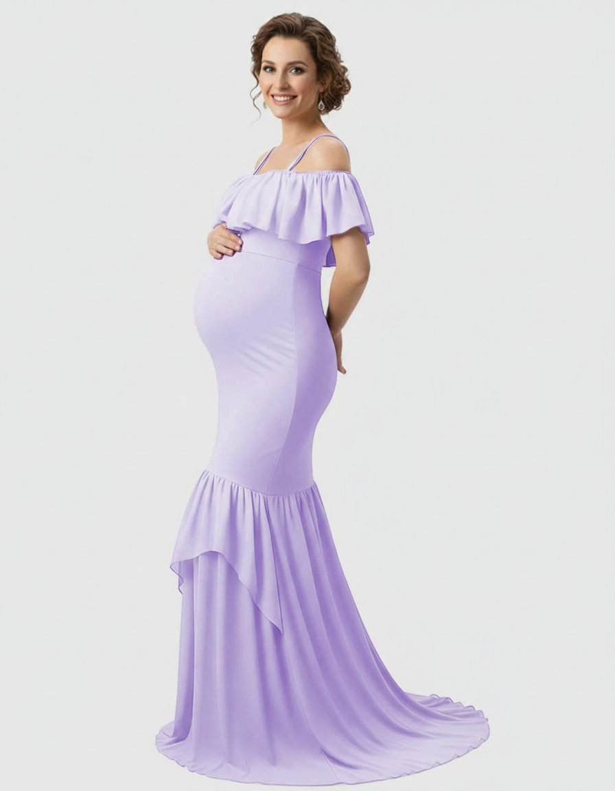 Bump Society – The Comfort Collection: Ruffled Off-Shoulder Mermaid Train Maternity Photoshoot Dress-Bump Society