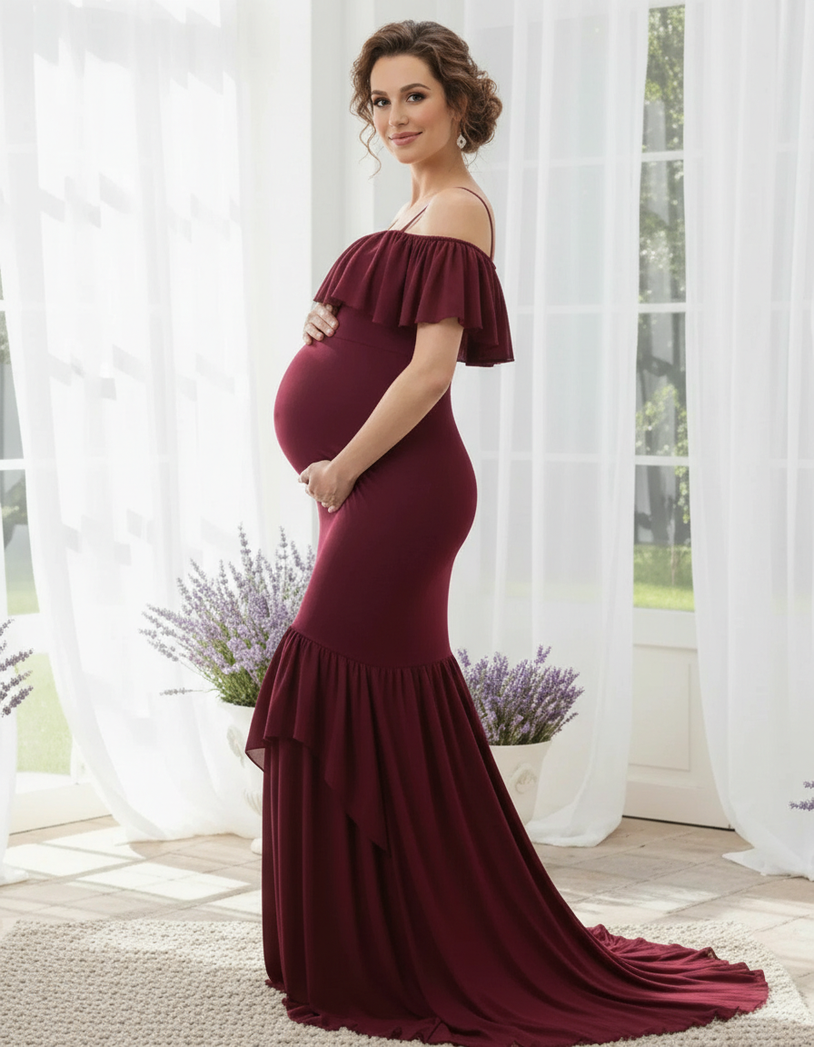 Bump Society – The Comfort Collection: Ruffled Off-Shoulder Mermaid Train Maternity Photoshoot Dress-Bump Society