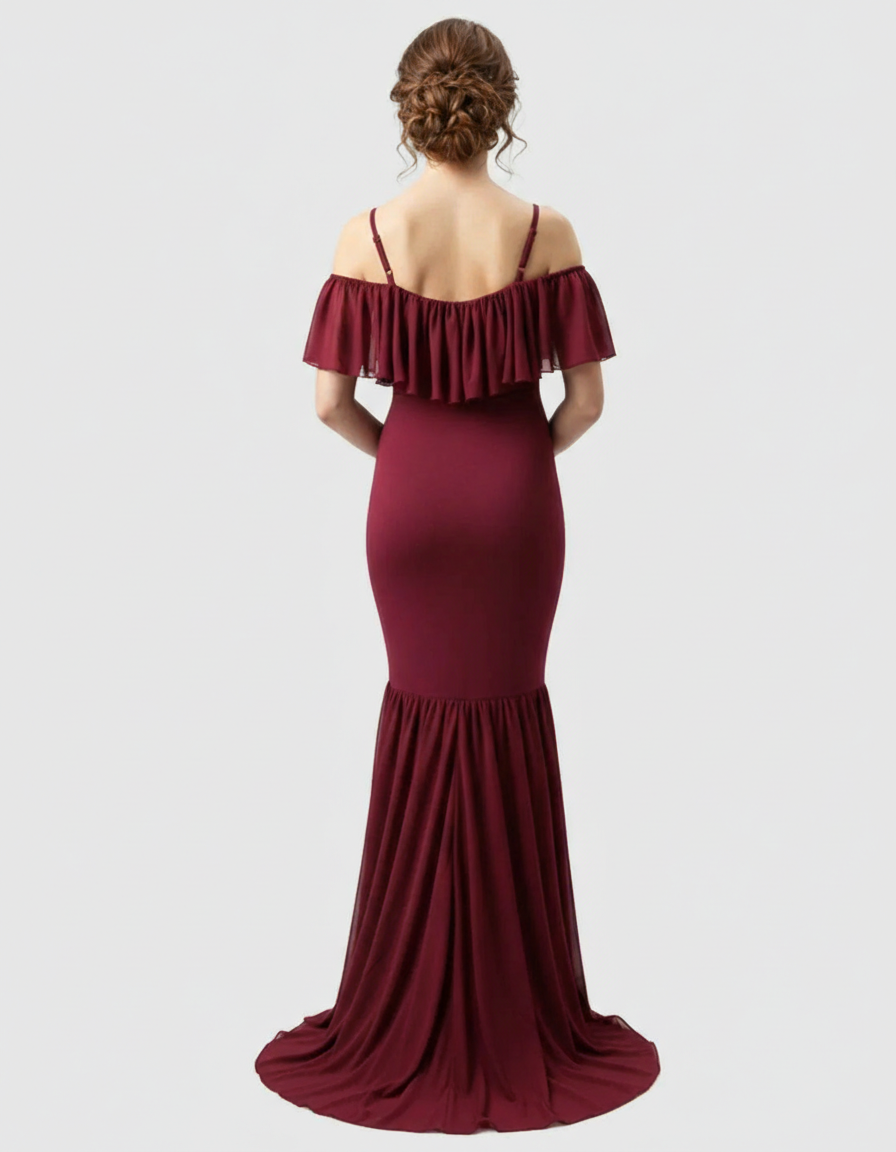Bump Society – The Comfort Collection: Ruffled Off-Shoulder Mermaid Train Maternity Photoshoot Dress-Bump Society
