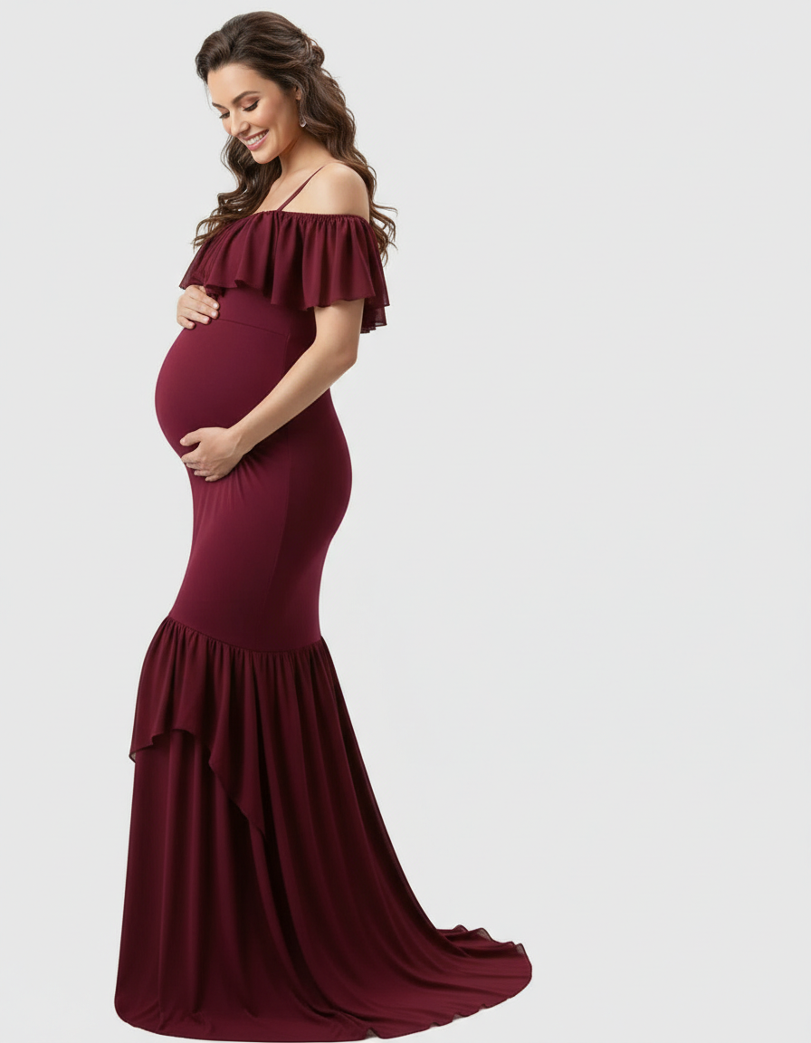 Bump Society – The Comfort Collection: Ruffled Off-Shoulder Mermaid Train Maternity Photoshoot Dress-Bump Society