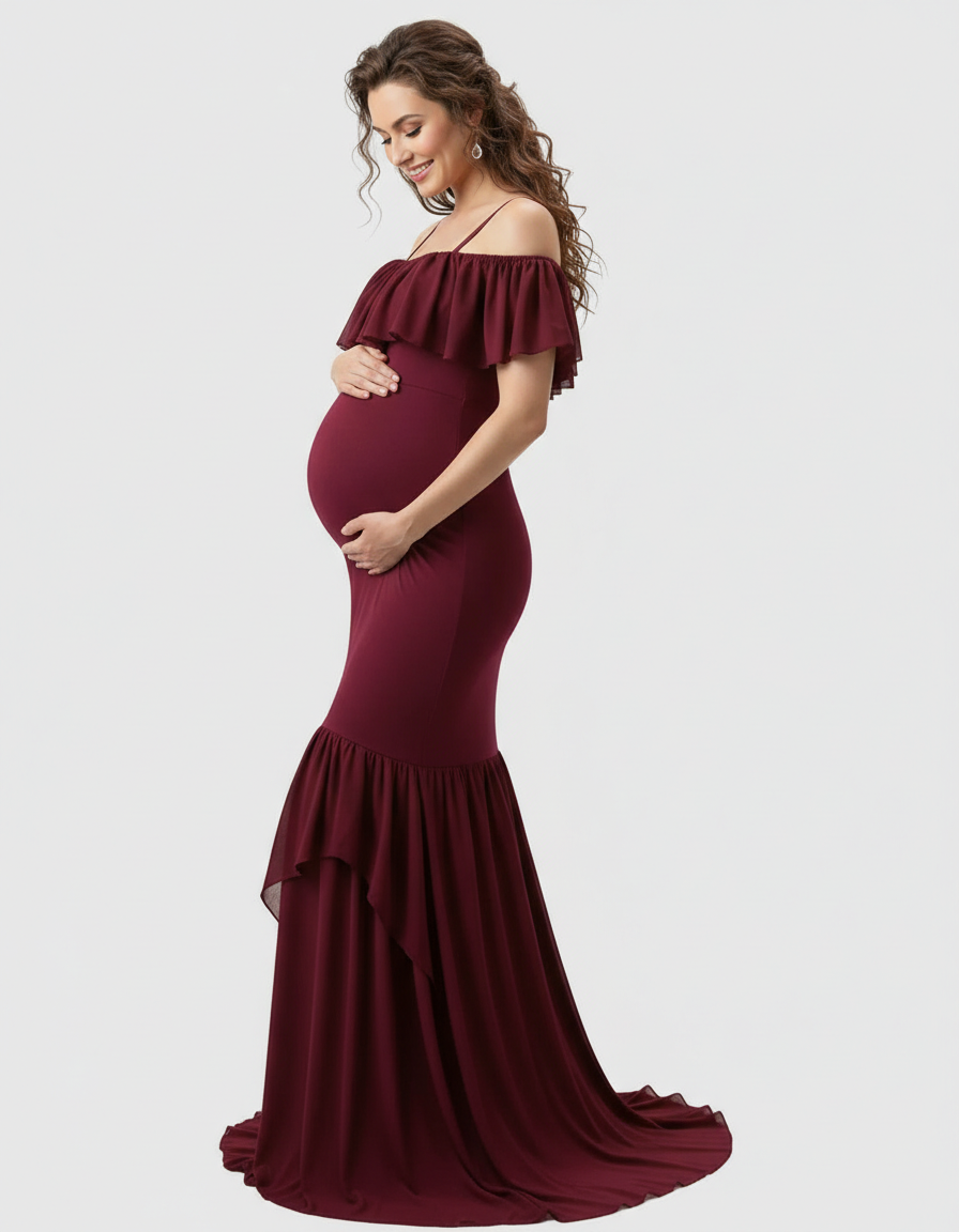 Bump Society – The Comfort Collection: Ruffled Off-Shoulder Mermaid Train Maternity Photoshoot Dress-Bump Society