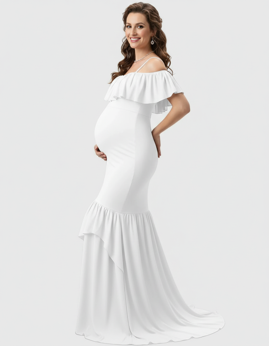 Bump Society – The Comfort Collection: Ruffled Off-Shoulder Mermaid Train Maternity Photoshoot Dress-Bump Society
