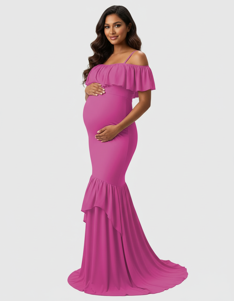 Bump Society – The Comfort Collection: Ruffled Off-Shoulder Mermaid Train Maternity Photoshoot Dress-Bump Society