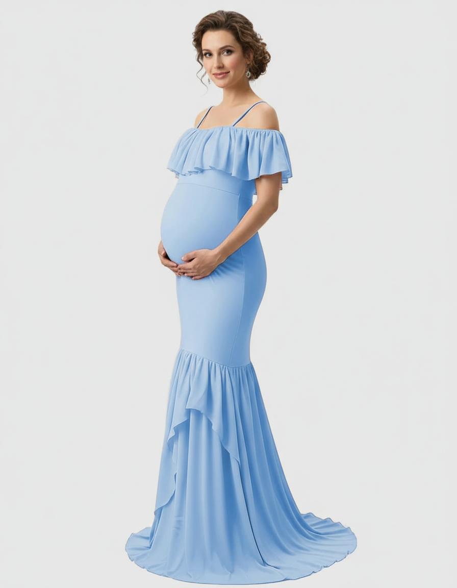 Bump Society – The Comfort Collection: Ruffled Off-Shoulder Mermaid Train Maternity Photoshoot Dress-Bump Society
