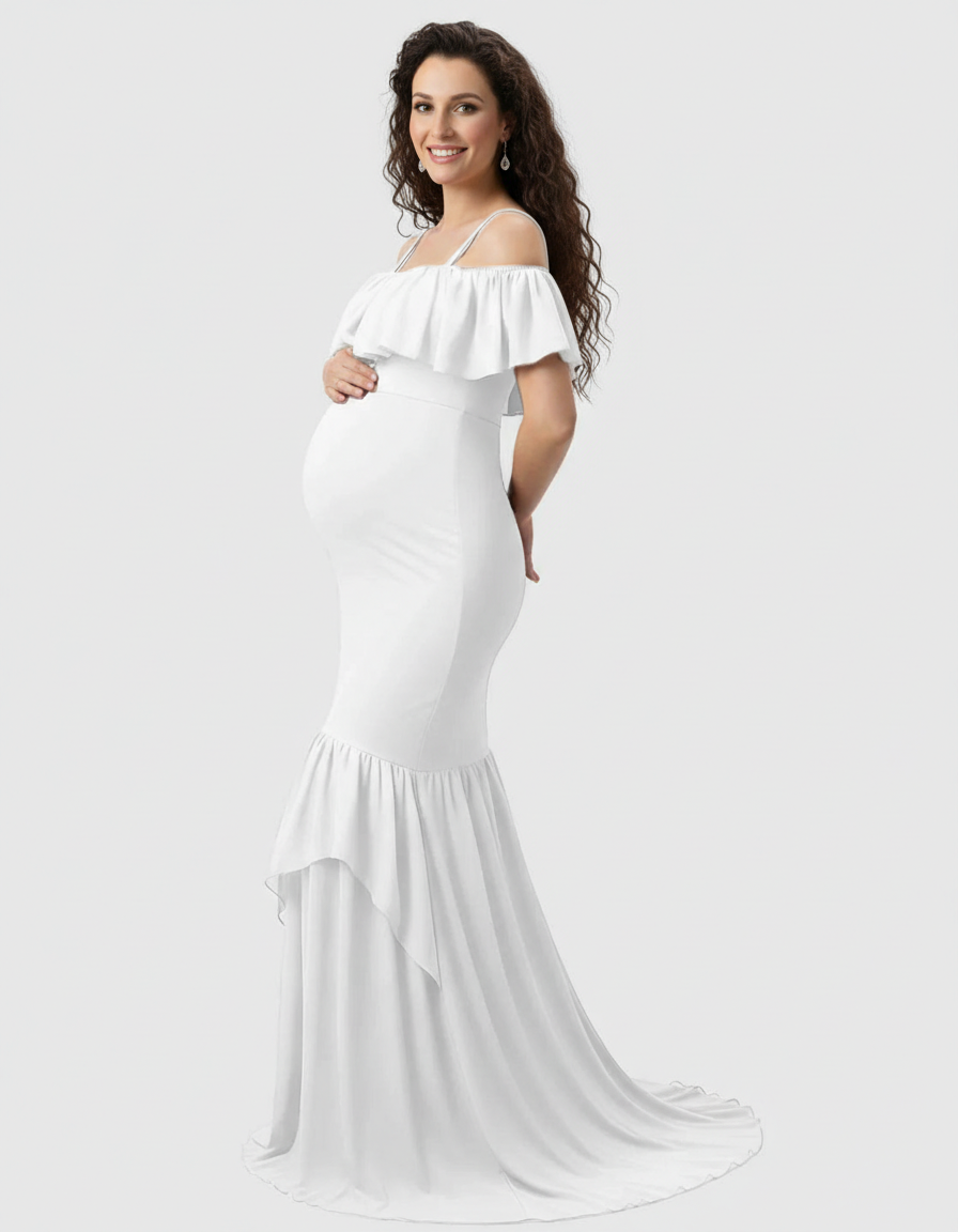 Bump Society – The Comfort Collection: Ruffled Off-Shoulder Mermaid Train Maternity Photoshoot Dress-Bump Society