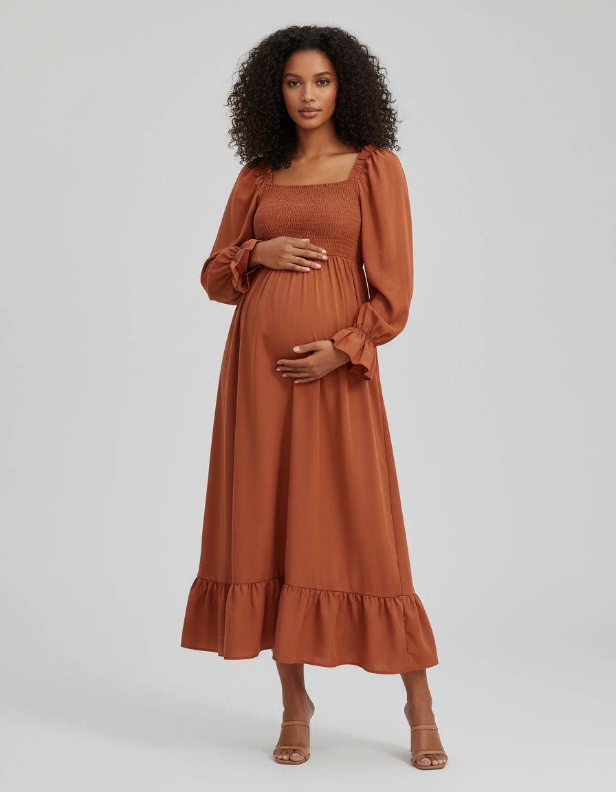 Bump Society – The Comfort Collection: Ruffled Square-Neck Babydoll Maternity Maxi Dress-Bump Society