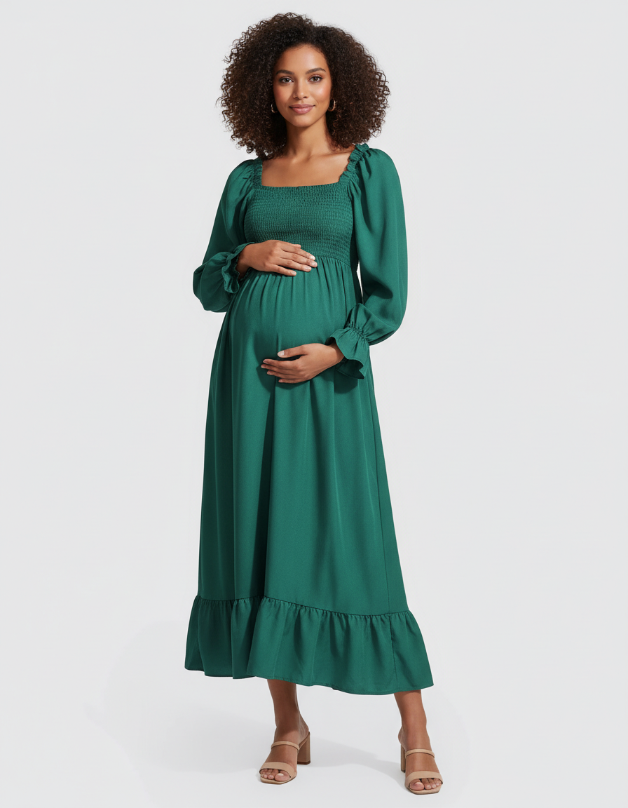Bump Society – The Comfort Collection: Ruffled Square-Neck Babydoll Maternity Maxi Dress-Bump Society