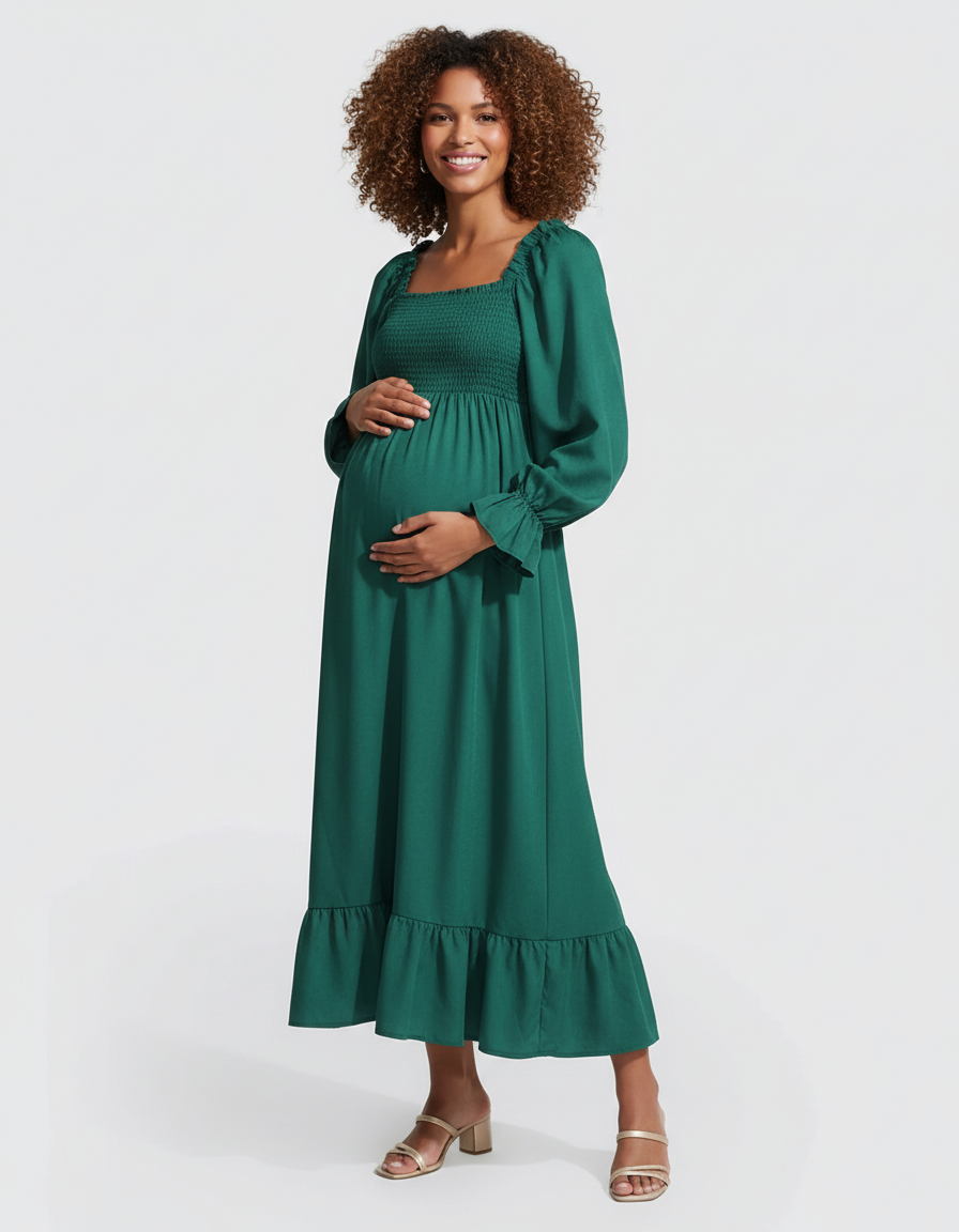 Bump Society – The Comfort Collection: Ruffled Square-Neck Babydoll Maternity Maxi Dress-Bump Society