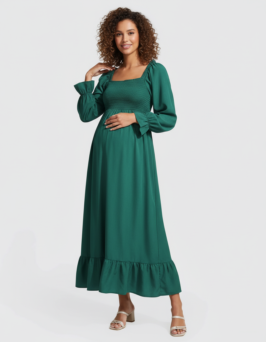 Bump Society – The Comfort Collection: Ruffled Square-Neck Babydoll Maternity Maxi Dress-Bump Society