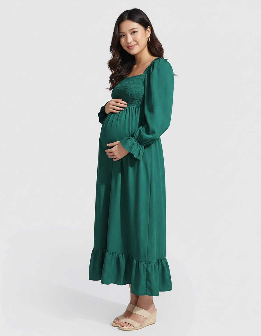 Bump Society – The Comfort Collection: Ruffled Square-Neck Babydoll Maternity Maxi Dress-Bump Society