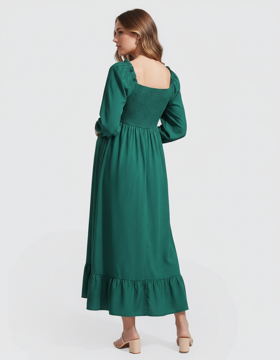 Bump Society – The Comfort Collection: Ruffled Square-Neck Babydoll Maternity Maxi Dress-Bump Society