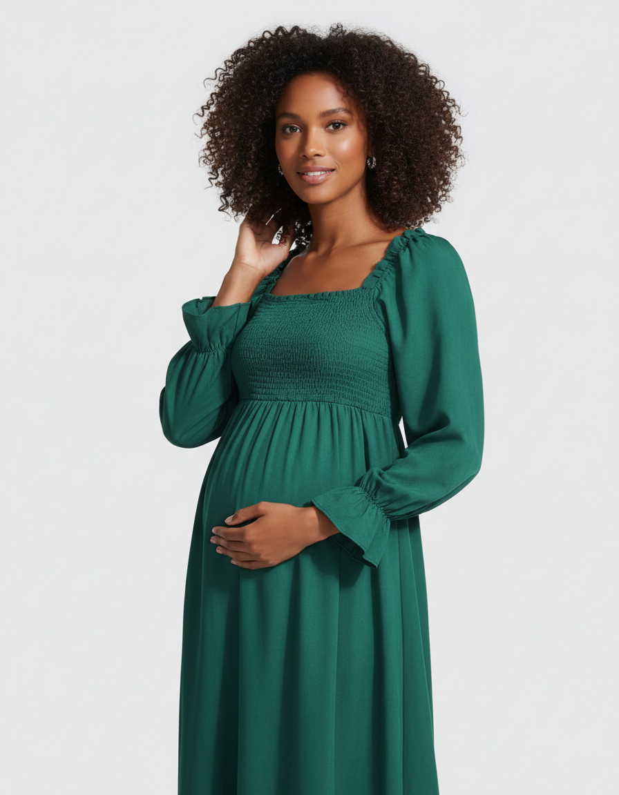 Bump Society – The Comfort Collection: Ruffled Square-Neck Babydoll Maternity Maxi Dress-Bump Society