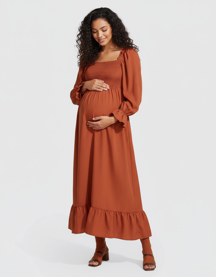 Bump Society – The Comfort Collection: Ruffled Square-Neck Babydoll Maternity Maxi Dress-Bump Society