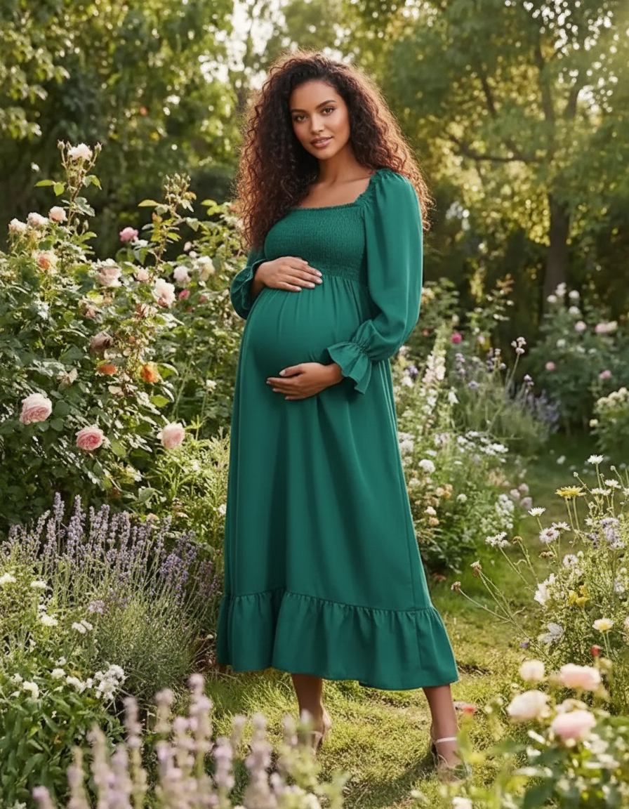 Bump Society – The Comfort Collection: Ruffled Square-Neck Babydoll Maternity Maxi Dress-Bump Society