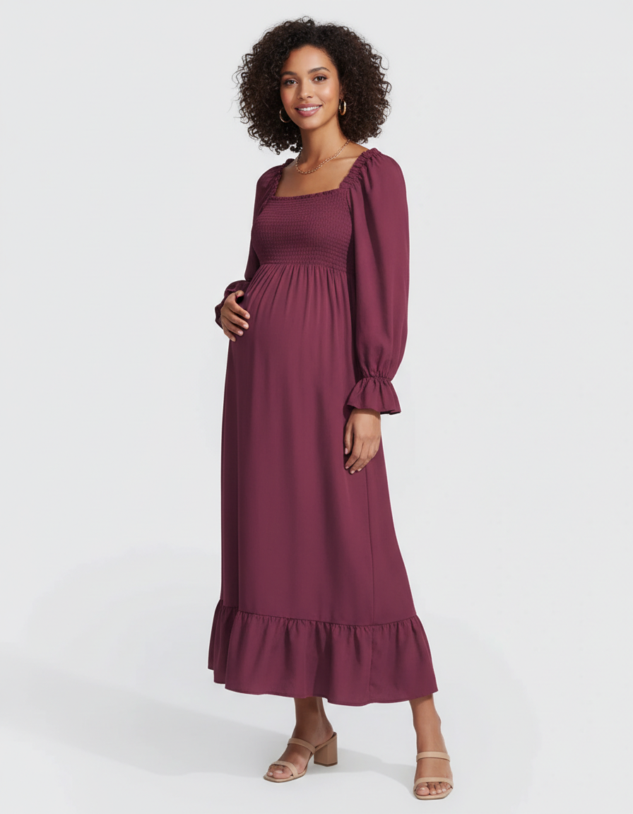 Bump Society – The Comfort Collection: Ruffled Square-Neck Babydoll Maternity Maxi Dress-Bump Society