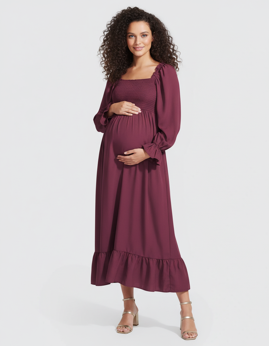 Bump Society – The Comfort Collection: Ruffled Square-Neck Babydoll Maternity Maxi Dress-Bump Society