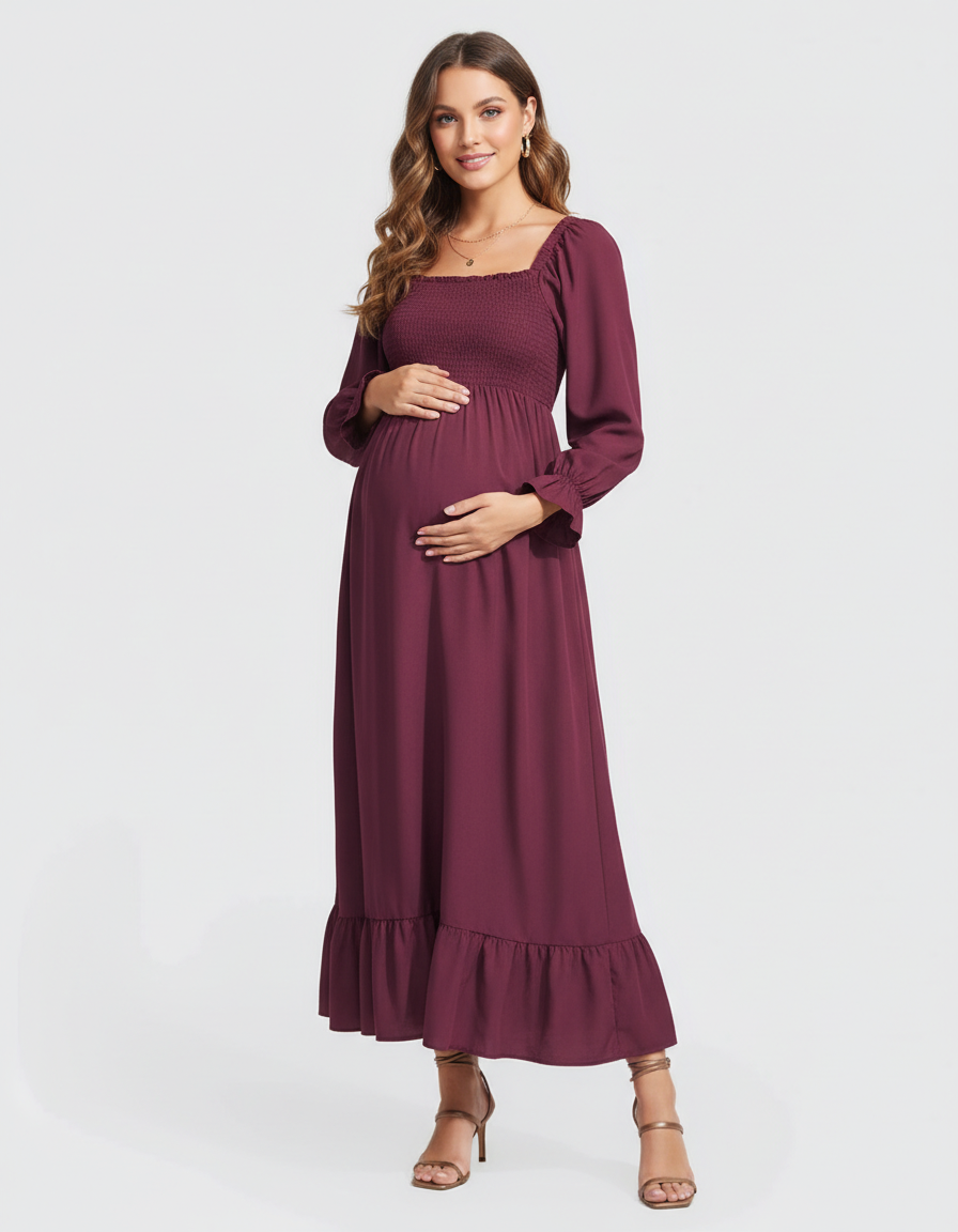 Bump Society – The Comfort Collection: Ruffled Square-Neck Babydoll Maternity Maxi Dress-Bump Society