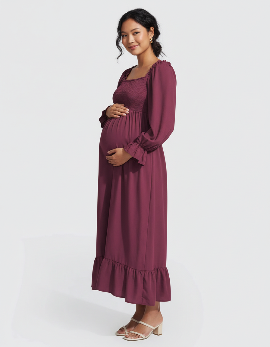 Bump Society – The Comfort Collection: Ruffled Square-Neck Babydoll Maternity Maxi Dress-Bump Society