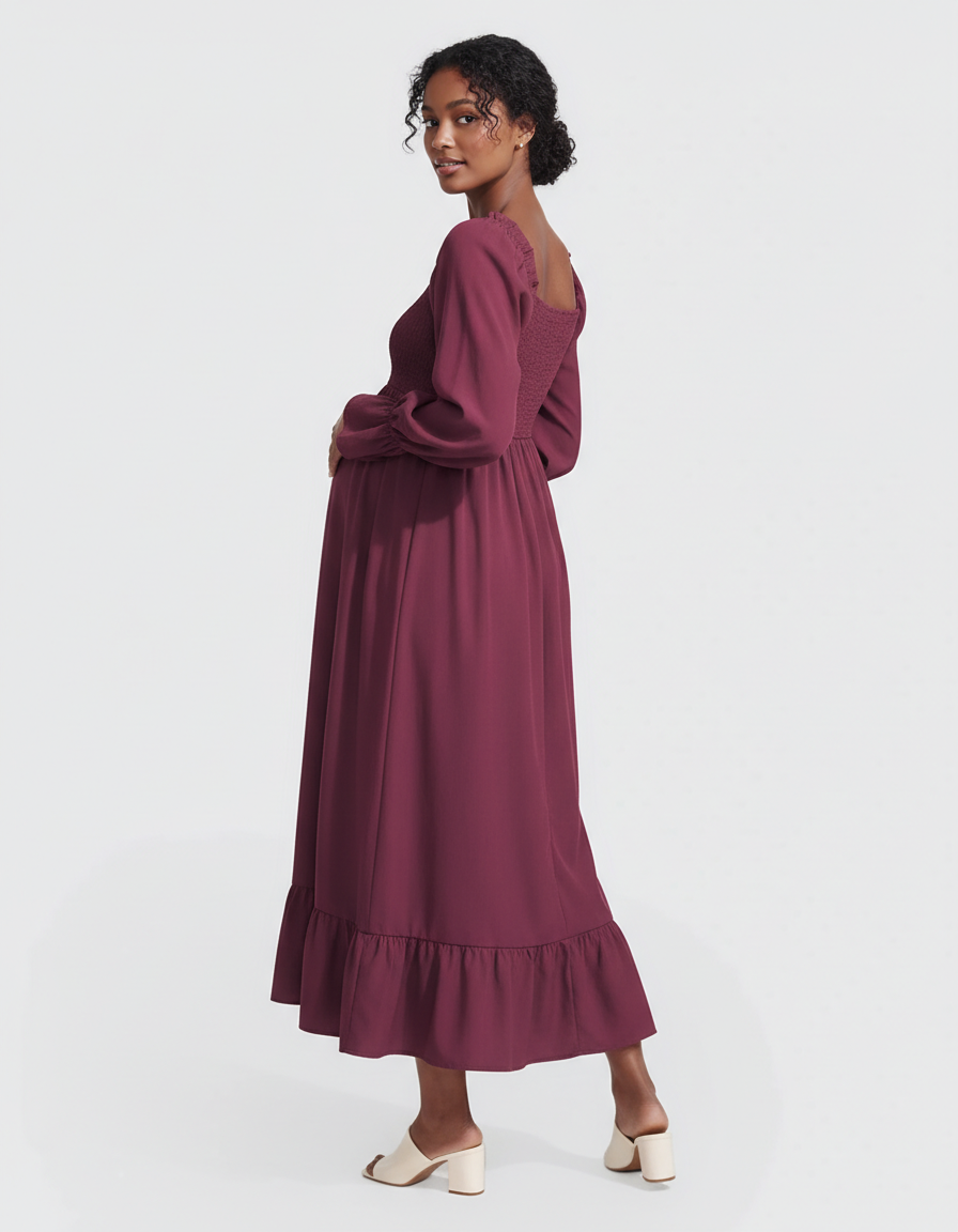 Bump Society – The Comfort Collection: Ruffled Square-Neck Babydoll Maternity Maxi Dress-Bump Society