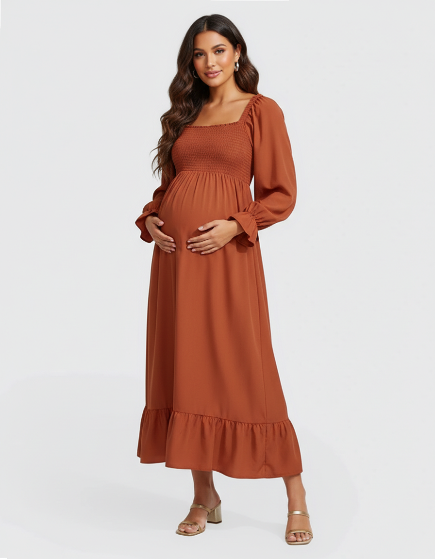 Bump Society – The Comfort Collection: Ruffled Square-Neck Babydoll Maternity Maxi Dress-Bump Society