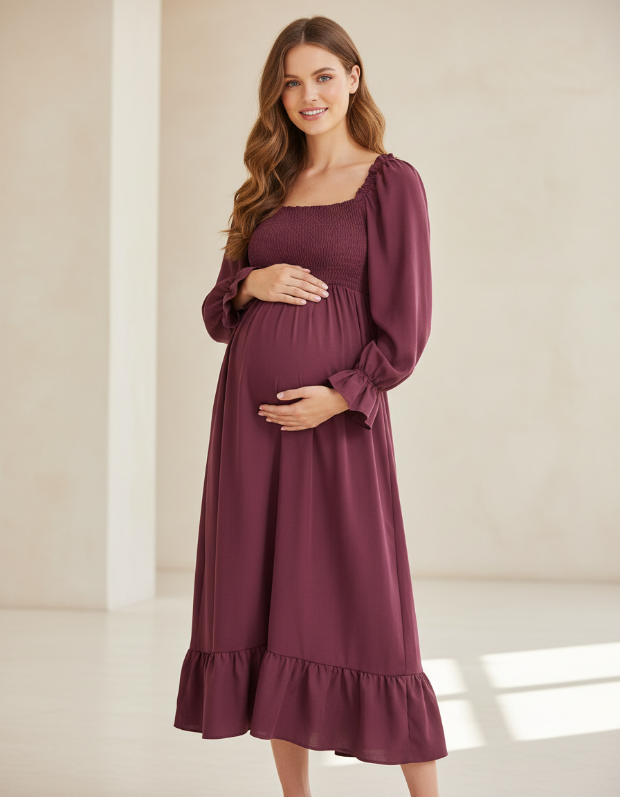 Bump Society – The Comfort Collection: Ruffled Square-Neck Babydoll Maternity Maxi Dress-Bump Society