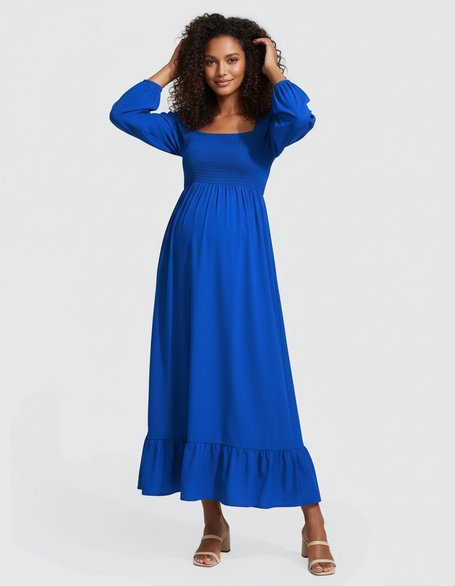 Bump Society – The Comfort Collection: Ruffled Square-Neck Babydoll Maternity Maxi Dress-Bump Society