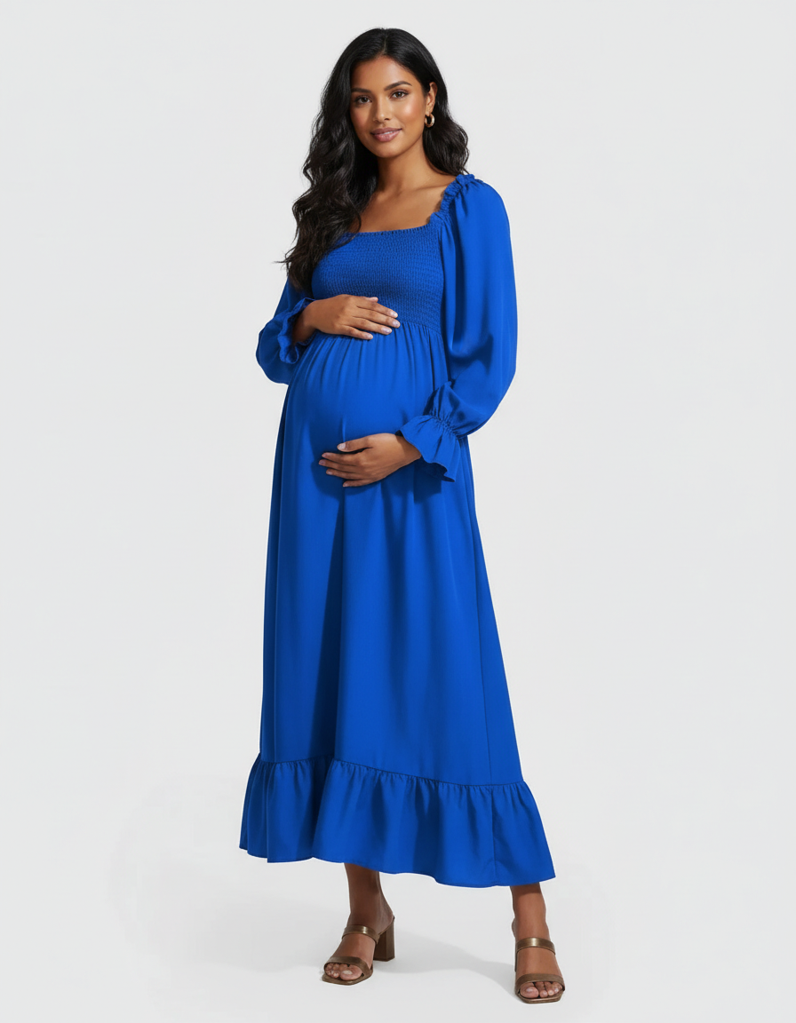 Bump Society – The Comfort Collection: Ruffled Square-Neck Babydoll Maternity Maxi Dress-Bump Society