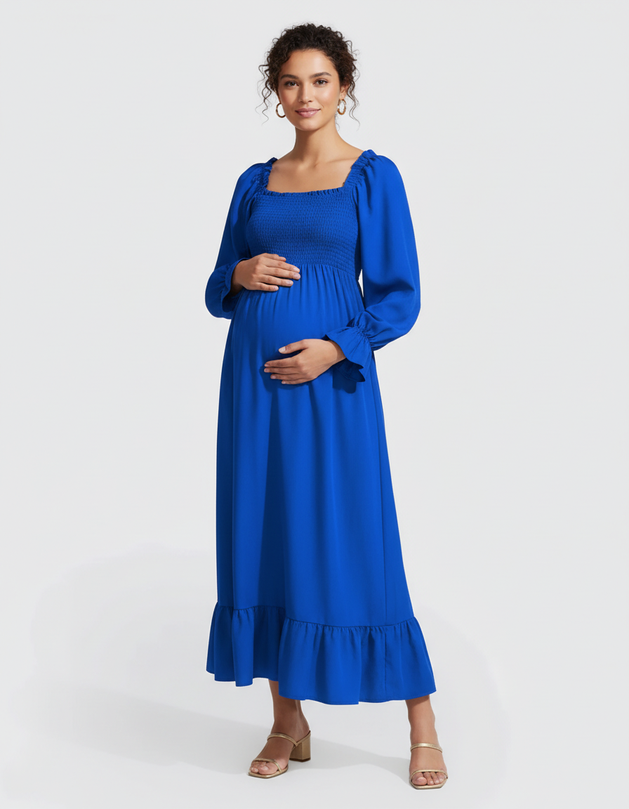 Bump Society – The Comfort Collection: Ruffled Square-Neck Babydoll Maternity Maxi Dress-Bump Society