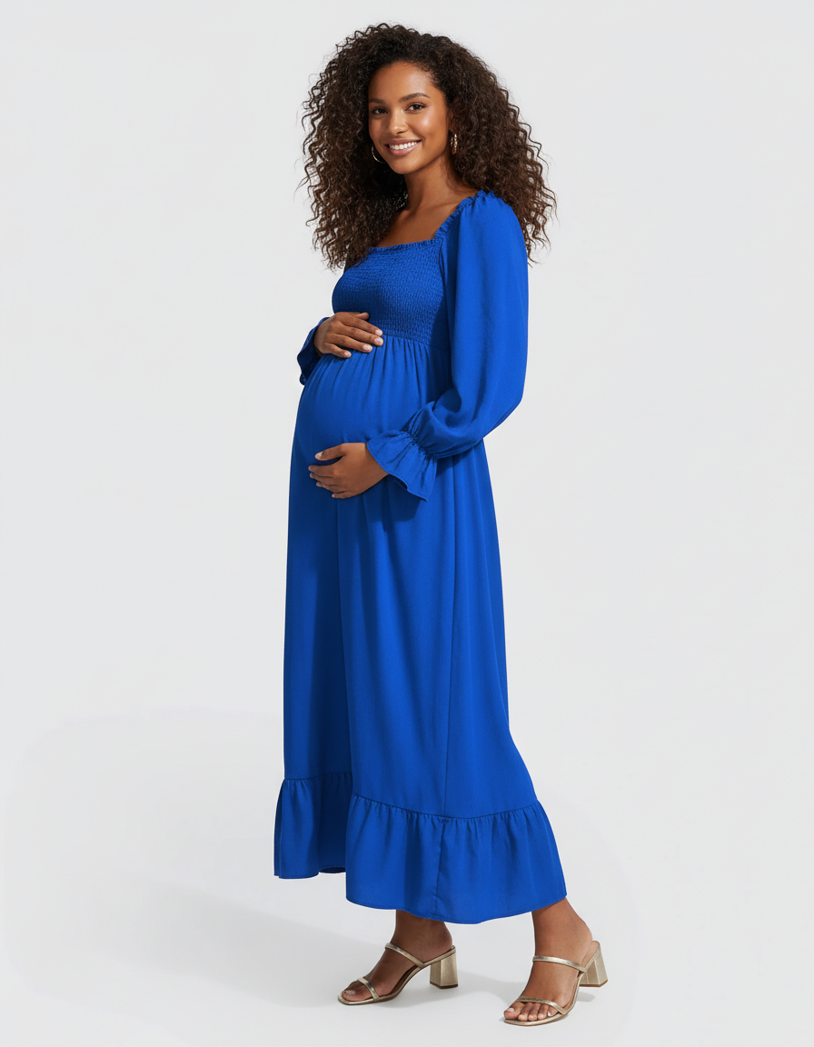 Bump Society – The Comfort Collection: Ruffled Square-Neck Babydoll Maternity Maxi Dress-Bump Society