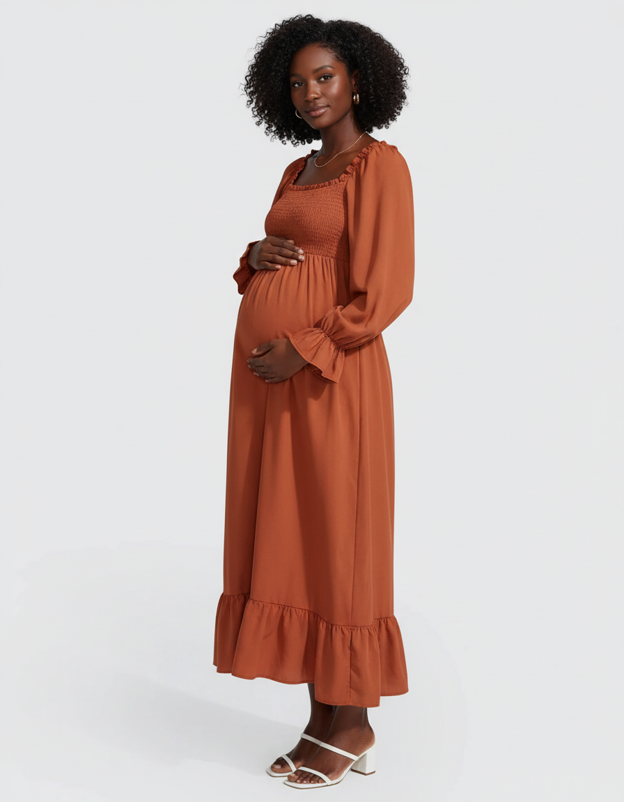 Bump Society – The Comfort Collection: Ruffled Square-Neck Babydoll Maternity Maxi Dress-Bump Society