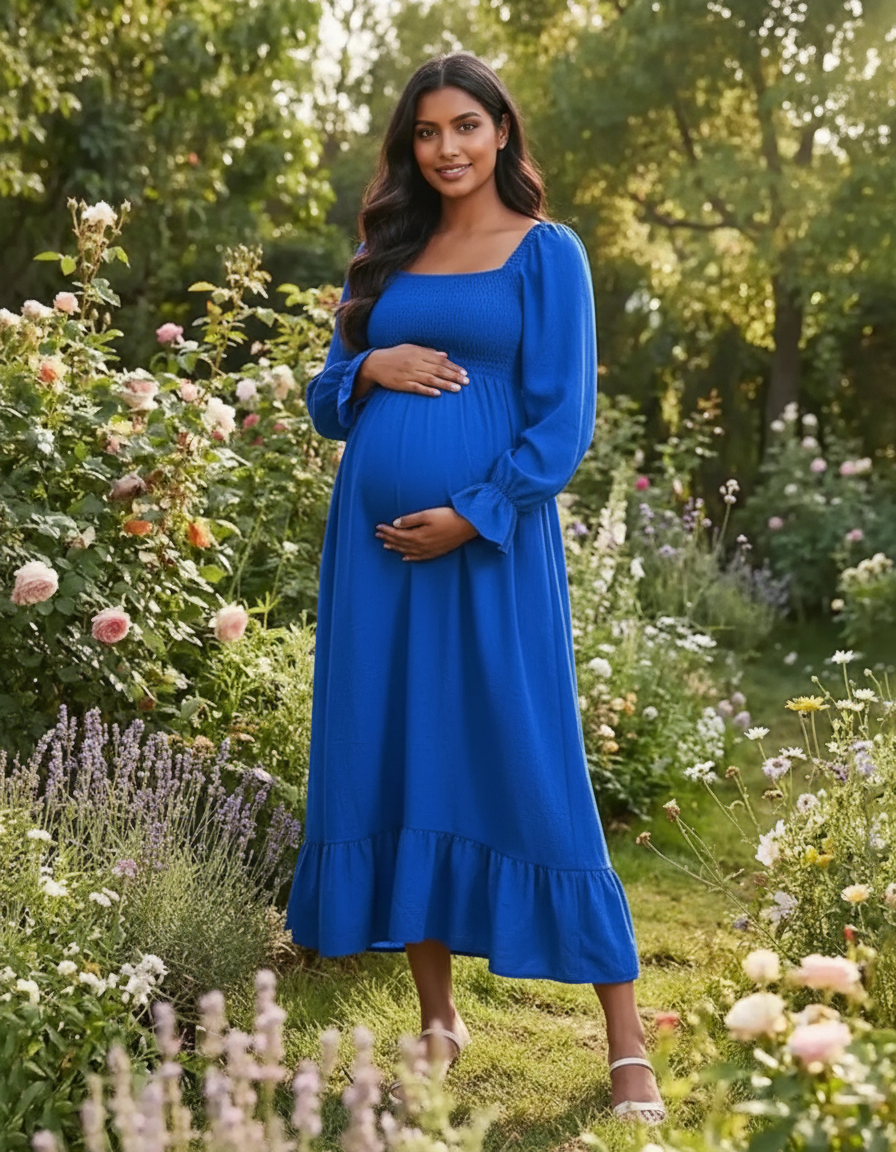 Bump Society – The Comfort Collection: Ruffled Square-Neck Babydoll Maternity Maxi Dress-Bump Society