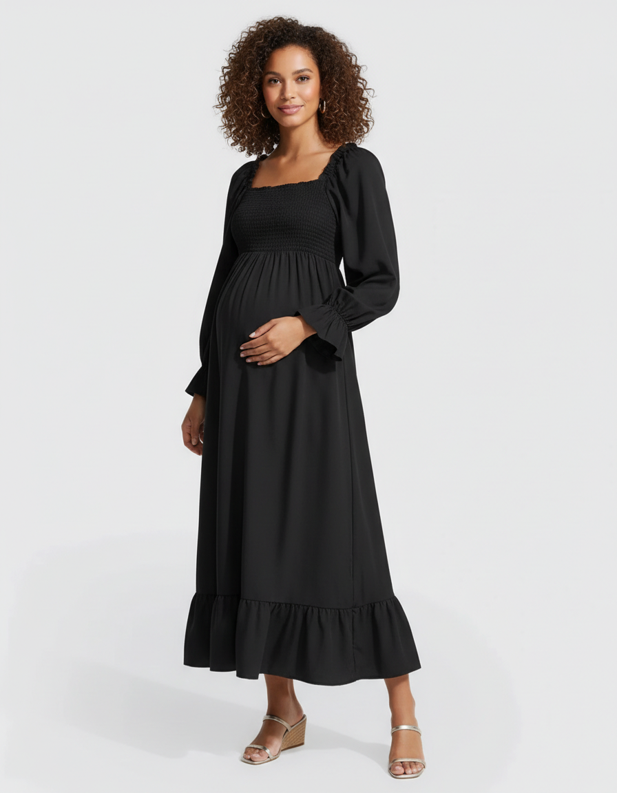 Bump Society – The Comfort Collection: Ruffled Square-Neck Babydoll Maternity Maxi Dress-Bump Society