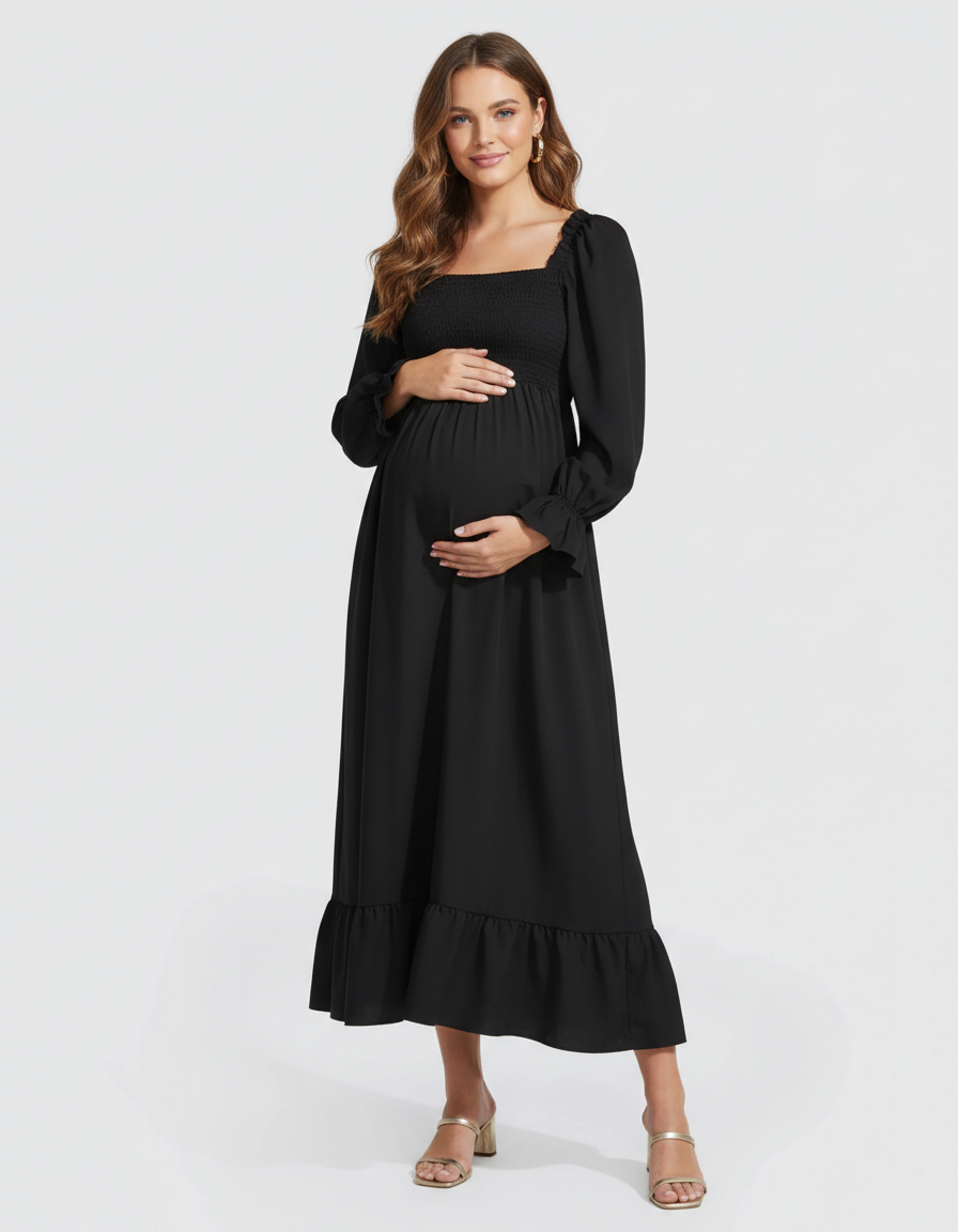 Bump Society – The Comfort Collection: Ruffled Square-Neck Babydoll Maternity Maxi Dress-Bump Society