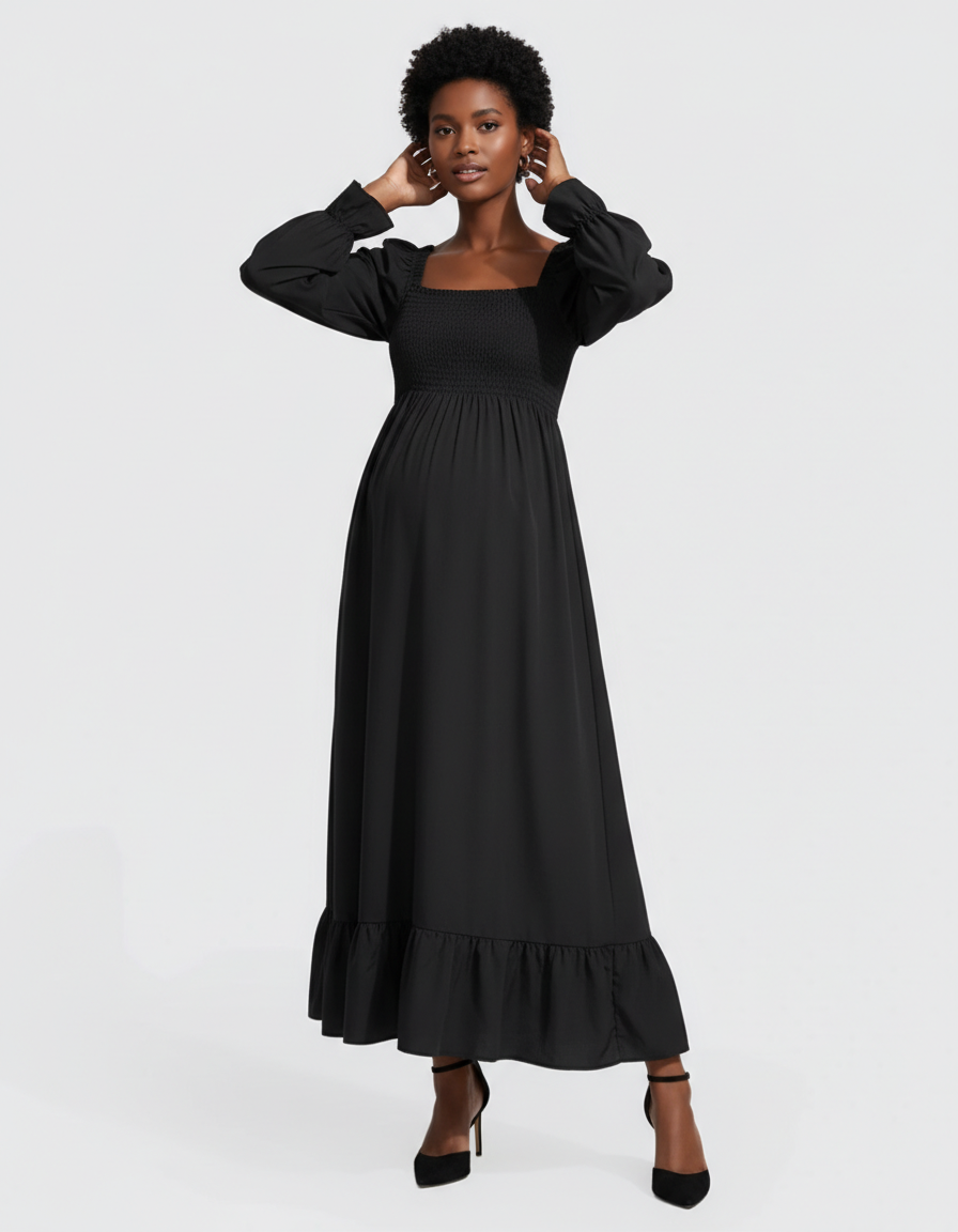 Bump Society – The Comfort Collection: Ruffled Square-Neck Babydoll Maternity Maxi Dress-Bump Society