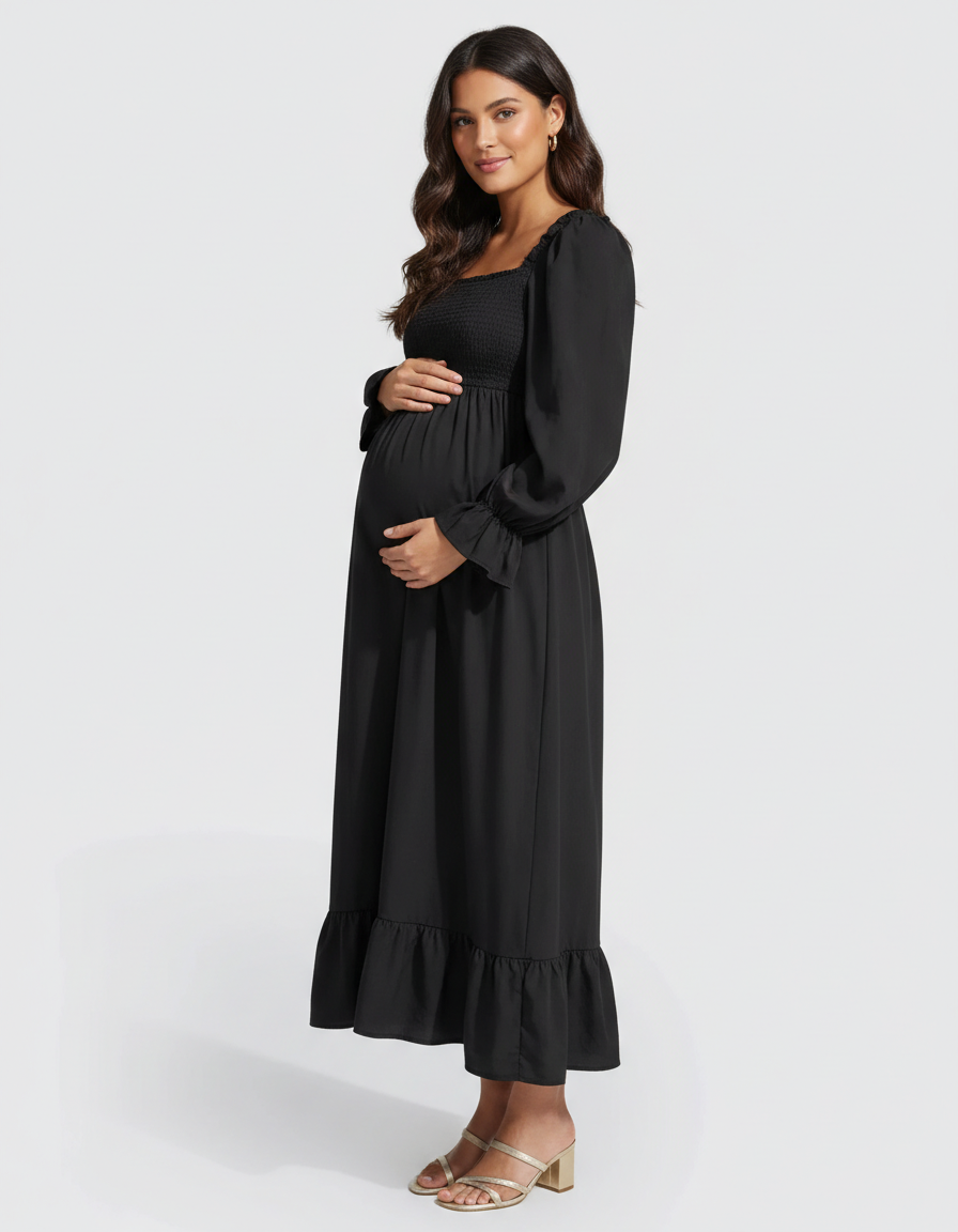 Bump Society – The Comfort Collection: Ruffled Square-Neck Babydoll Maternity Maxi Dress-Bump Society