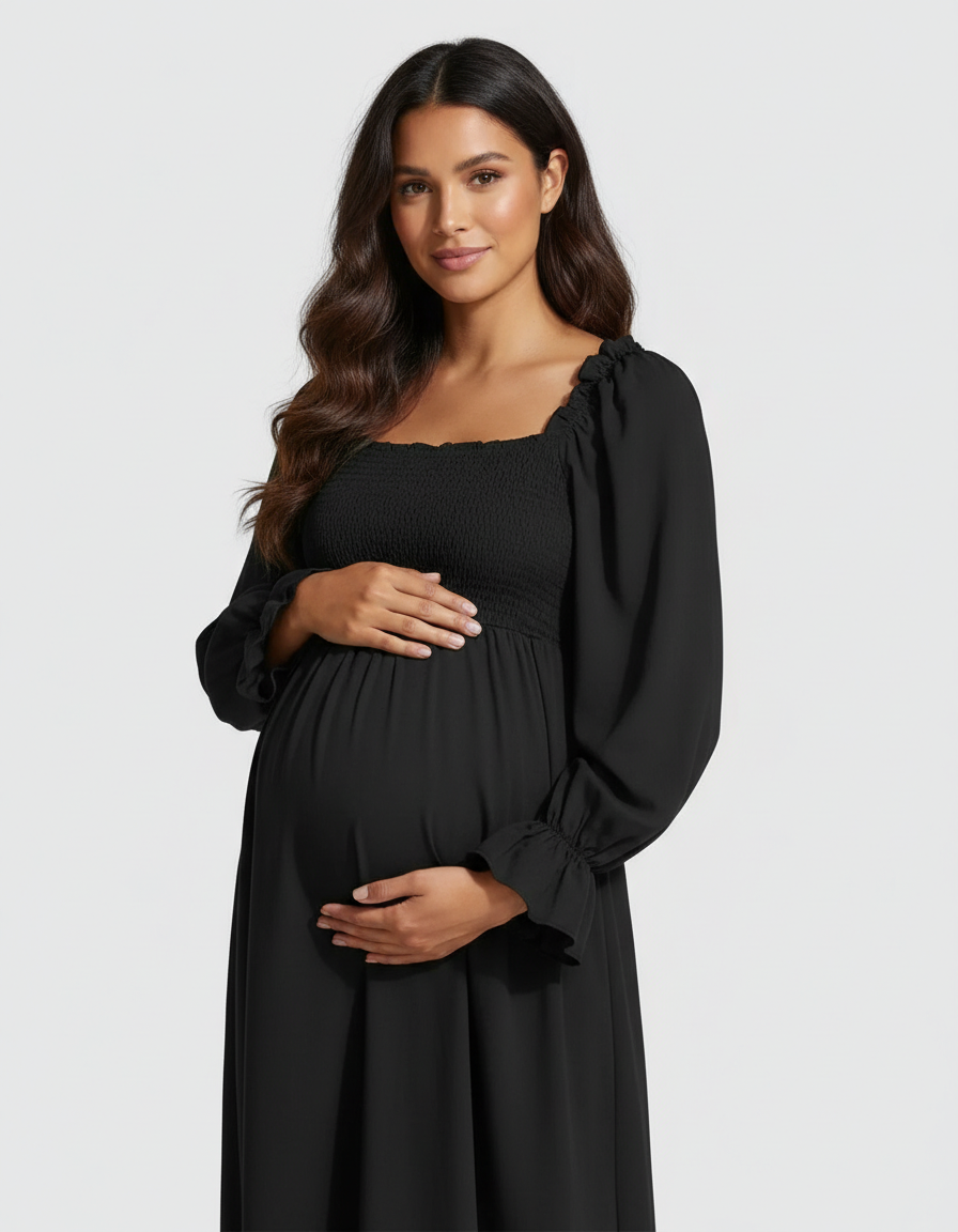 Bump Society – The Comfort Collection: Ruffled Square-Neck Babydoll Maternity Maxi Dress-Bump Society
